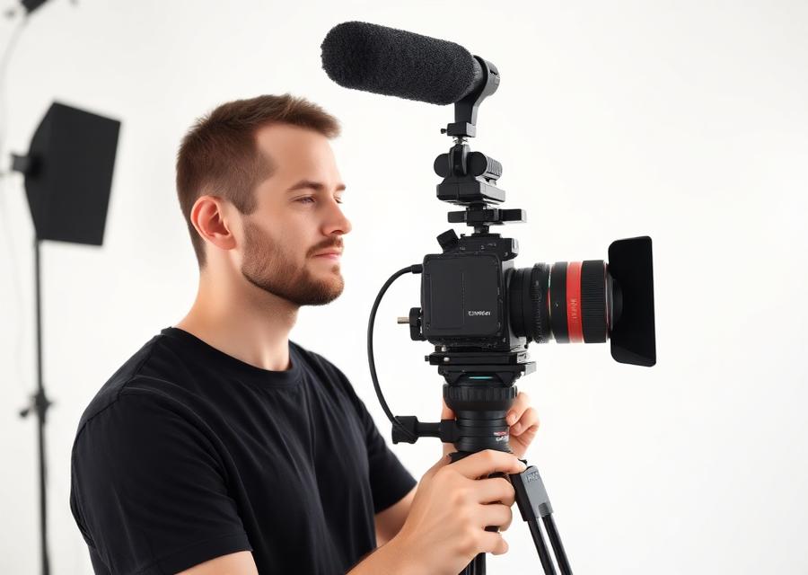 Filmmaker setting up a cinema camera in a studio